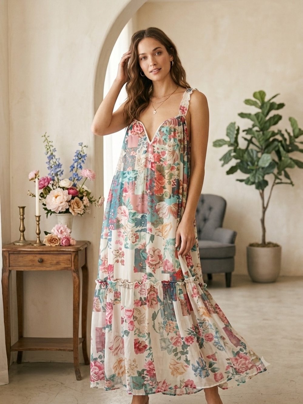 By Anthropologie Pink Combo Chiffon Shift Midi Dress Floral Multicolor NWT M